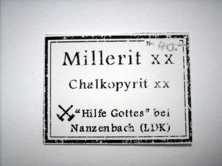 _Originaletikett Millerit xx_Chalkopyrit_KS_Grube Hilfe Gottes_Nanzenbach_Revier Dillenburg_Hessen_Peter.JPG